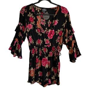 Angie Faux Wrap Romper NWT 3/4 Tiered Bell Sleeves Floral Sz M Surplice V-Neck